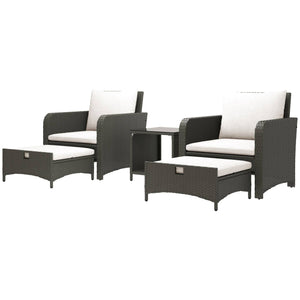 5 Piece Rattan Furniture Set with Two-Tier Coffee Table and Ottomans, Grey and Cream White