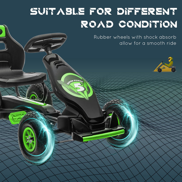 Pedal go-kart with adjustable seat, shock-absorbing rubber wheels, green