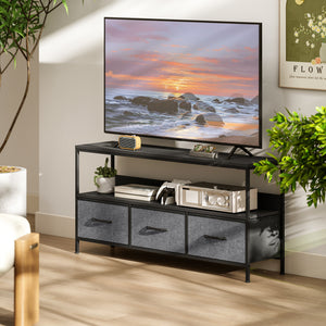 Black and charcoal gray TV stand for televisions up to 55 inches with 3 drawers