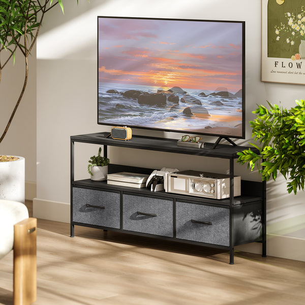 Black and charcoal gray TV stand for televisions up to 55 inches with 3 drawers
