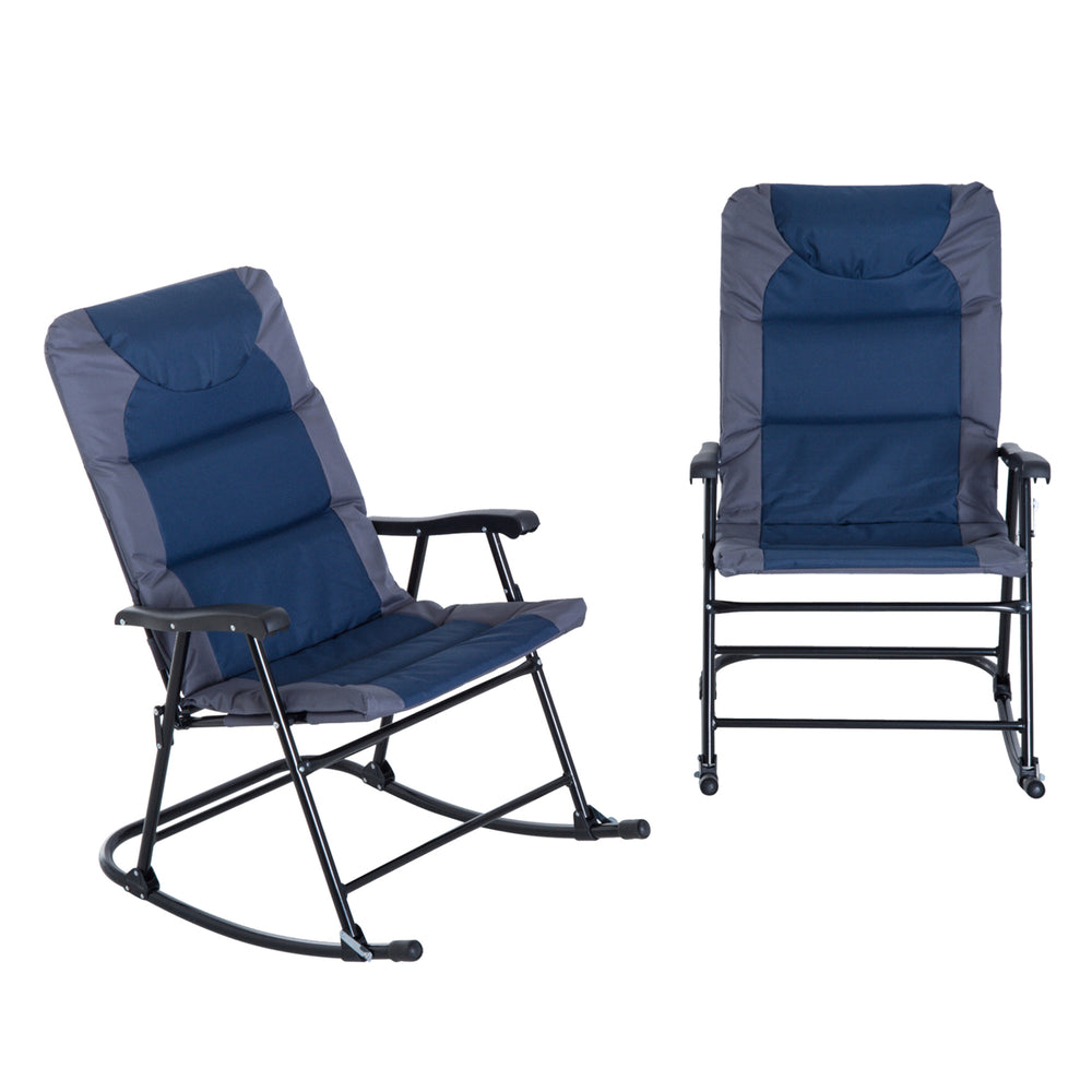 Set of 2 folding upholstered rocking chairs with armrests, navy blue