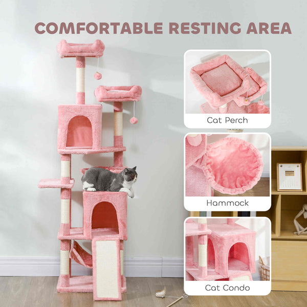 178cm Multi-Level Cat Tree with 2 Cabins, 2 Perches, Hammock, Play Balls, Pink