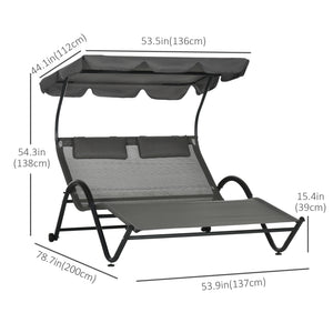 Outdoor Patio Chaise Lounge Chair, Patio Sun Lounger w/ Sunshade Roof, for Two People with Wheels and Breathable Sling Mesh Bed, Pillows, Dark Gray