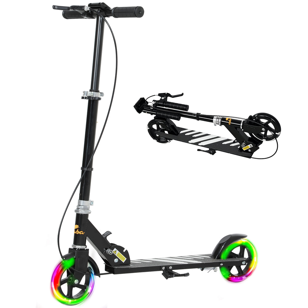 Scooter with light-up wheels, adjustable handlebars, rear brake and handbrake, black