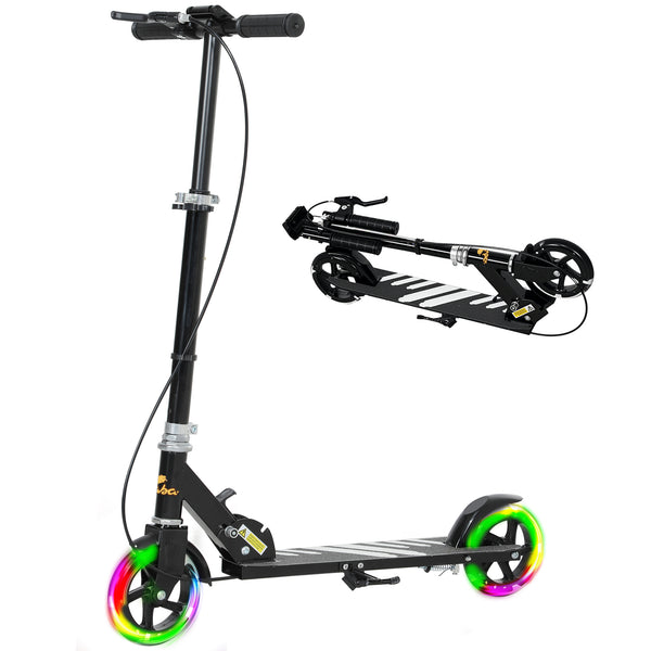 Scooter with light-up wheels, adjustable handlebars, rear brake and handbrake, black