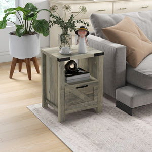 Farmhouse Style Side Table with Storage, Gray