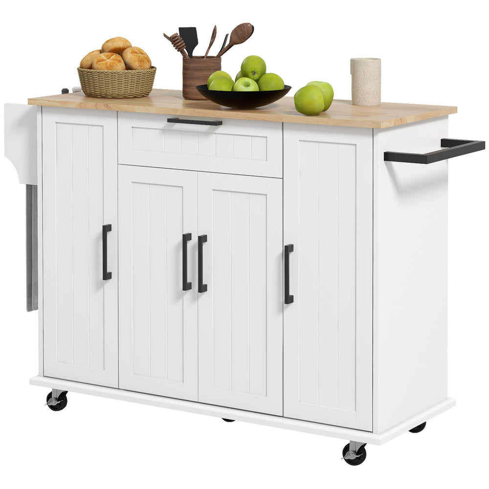 Modern Rolling Kitchen Island with Drawers, Natural Wood Top, Towel Rack and Storage Cabinet, White