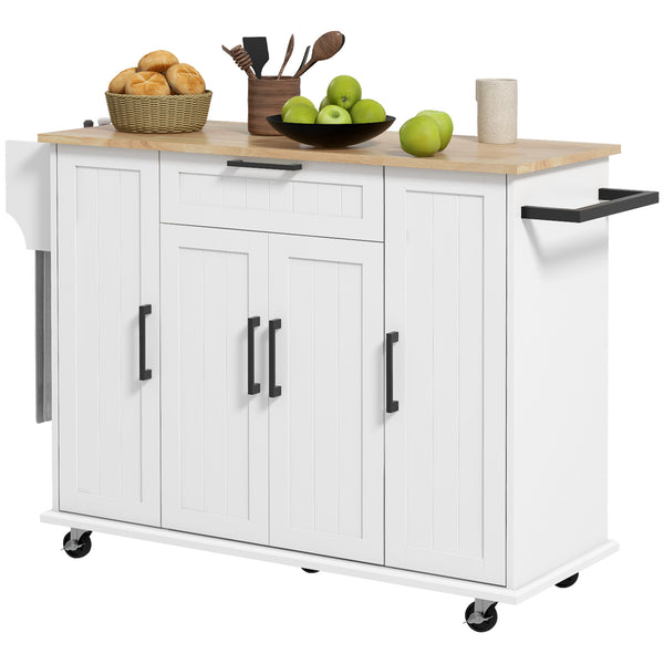 Modern Rolling Kitchen Island with Drawers, Natural Wood Top, Towel Rack and Storage Cabinet, White