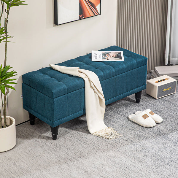 Linen fabric storage pouf with button tufting, blue