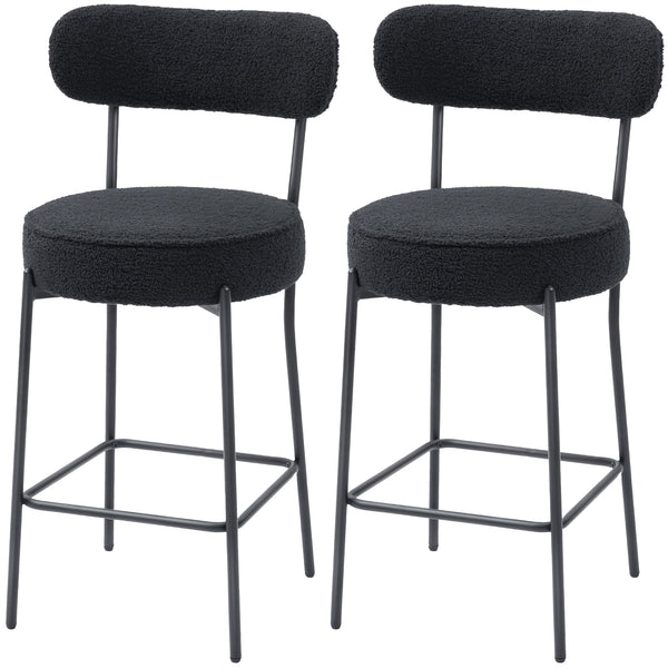 Set of 2 upholstered bar stools with backrest and footrest, black