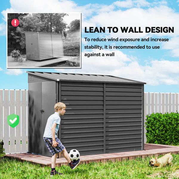 Lean-to steel garden shed with foundation kit, lockable doors and 2 vents, dark grey