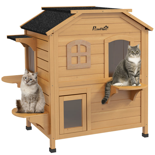 Two-story wooden cat house with a retractable roof