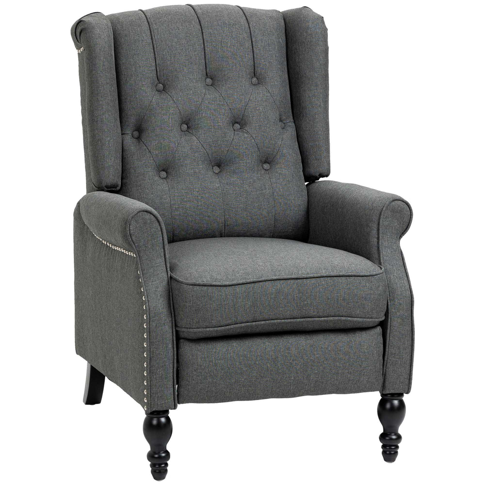 Recliner with ottoman, tufted and rolled arms, dark gray
