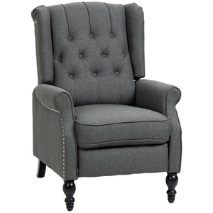 Recliner with ottoman, tufted and rolled arms, dark gray