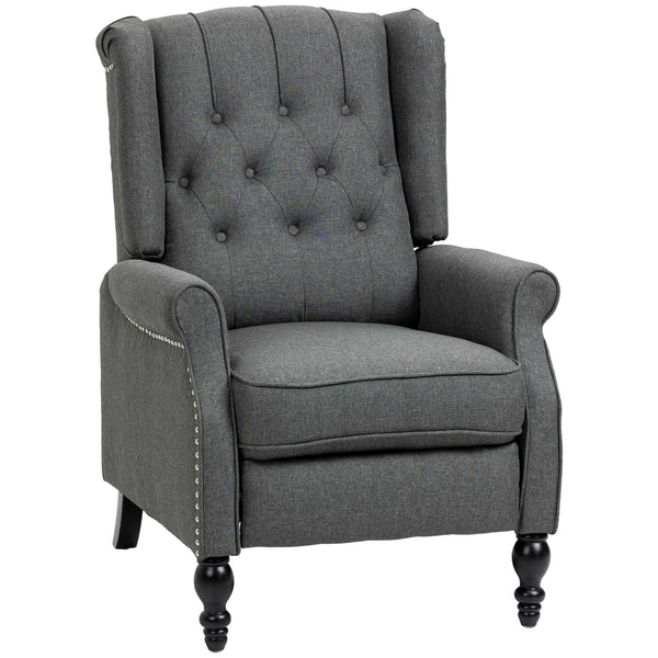 Recliner with ottoman, tufted and rolled arms, dark gray