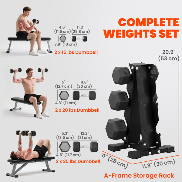 Set of 6 hexagonal dumbbells with A-frame rack, 15 to 25 lbs – Black
