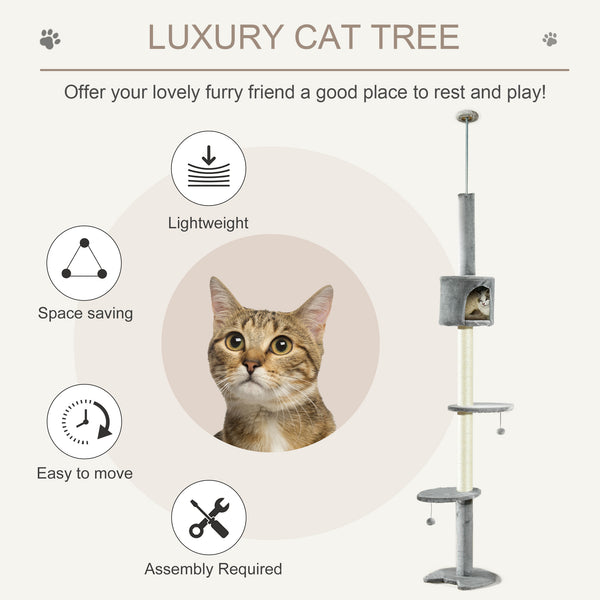 PawHut 4-Level Cat Tree, Ceiling Height, High Tower with Scratching Post, Soft Padding, Play Ball, Indoor Cat House, Light Grey