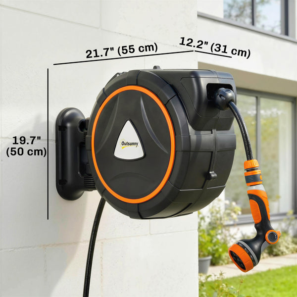 Retractable Garden Hose Reel, 1/2" x 92ft Wall Mounted Hose Reel with 12-Pattern Nozzle, Auto Retraction, Self-Locking