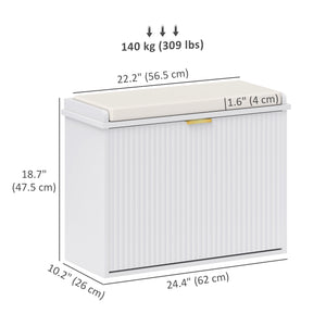 Hallway bench with upholstered seat and drop-down drawers, white