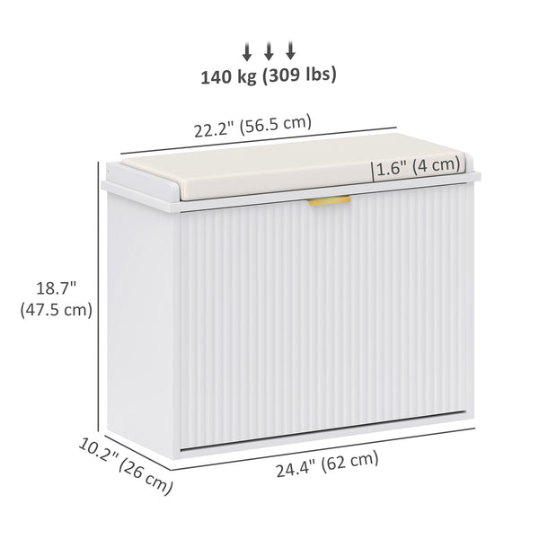 Hallway bench with upholstered seat and drop-down drawers, white