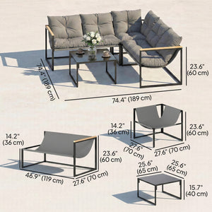 4-piece patio furniture set with thick cushions and coffee table, grey