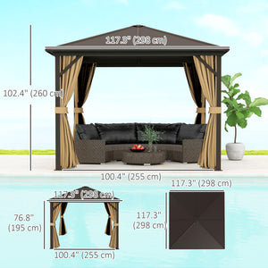 10' x 10' Aluminum Hardtop Gazebo with Mosquito Netting, Curtains and Hanging Hook, Brown
