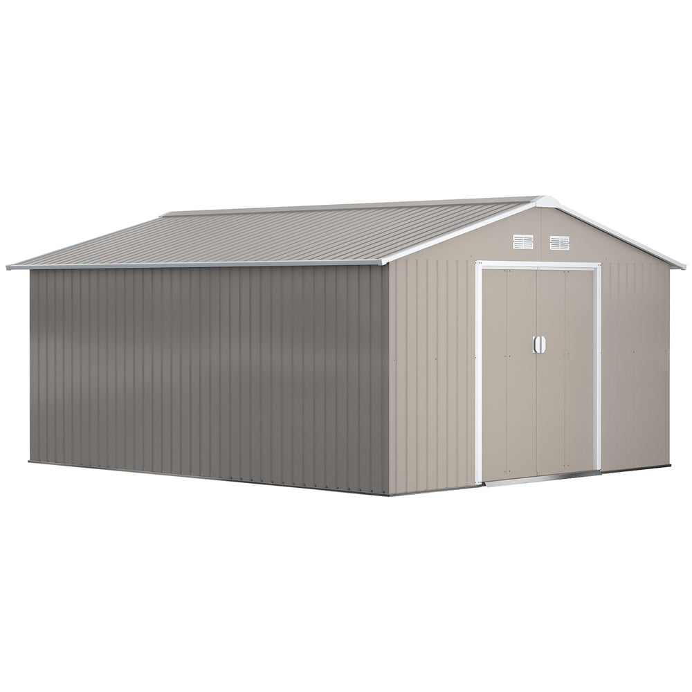 Practical garden shed with double sliding doors, light grey