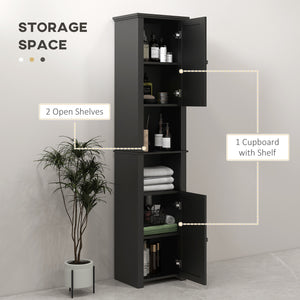 Freestanding bathroom storage unit with shelves and 2 cupboards, black