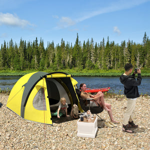 Camping tent with integrated awning and groundsheet