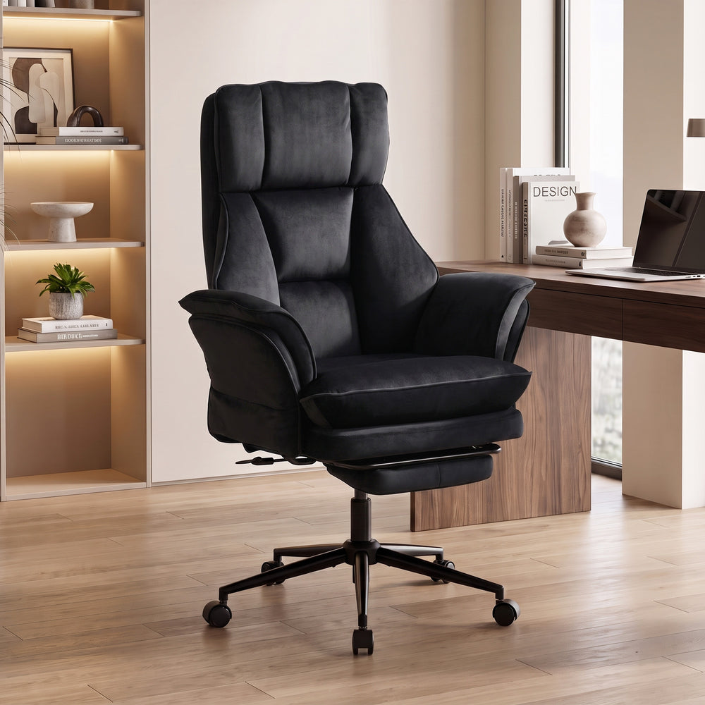 Reclining velvet office chair with footrest and flip-up armrests, black