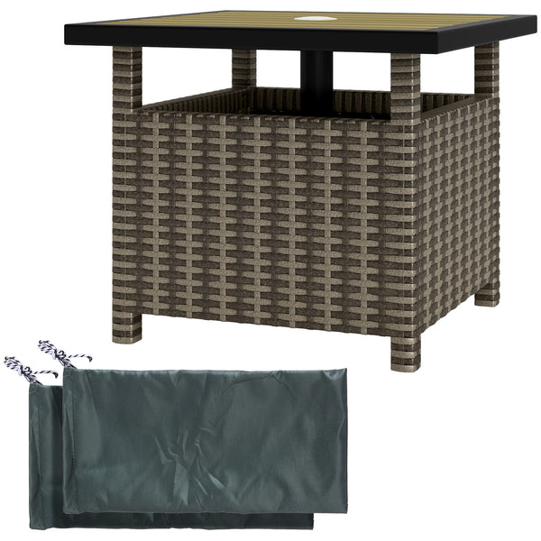 Square synthetic rattan table with parasol hole, can be used as an umbrella stand, mixed grey