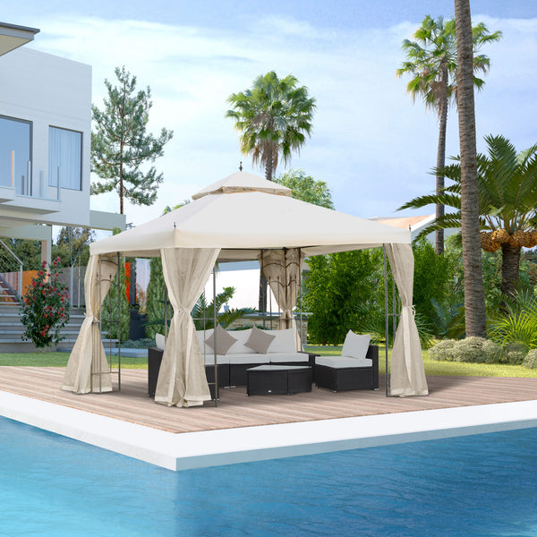10 x 10 steel gazebo with removable mesh curtains, shelves and steel frame, beige