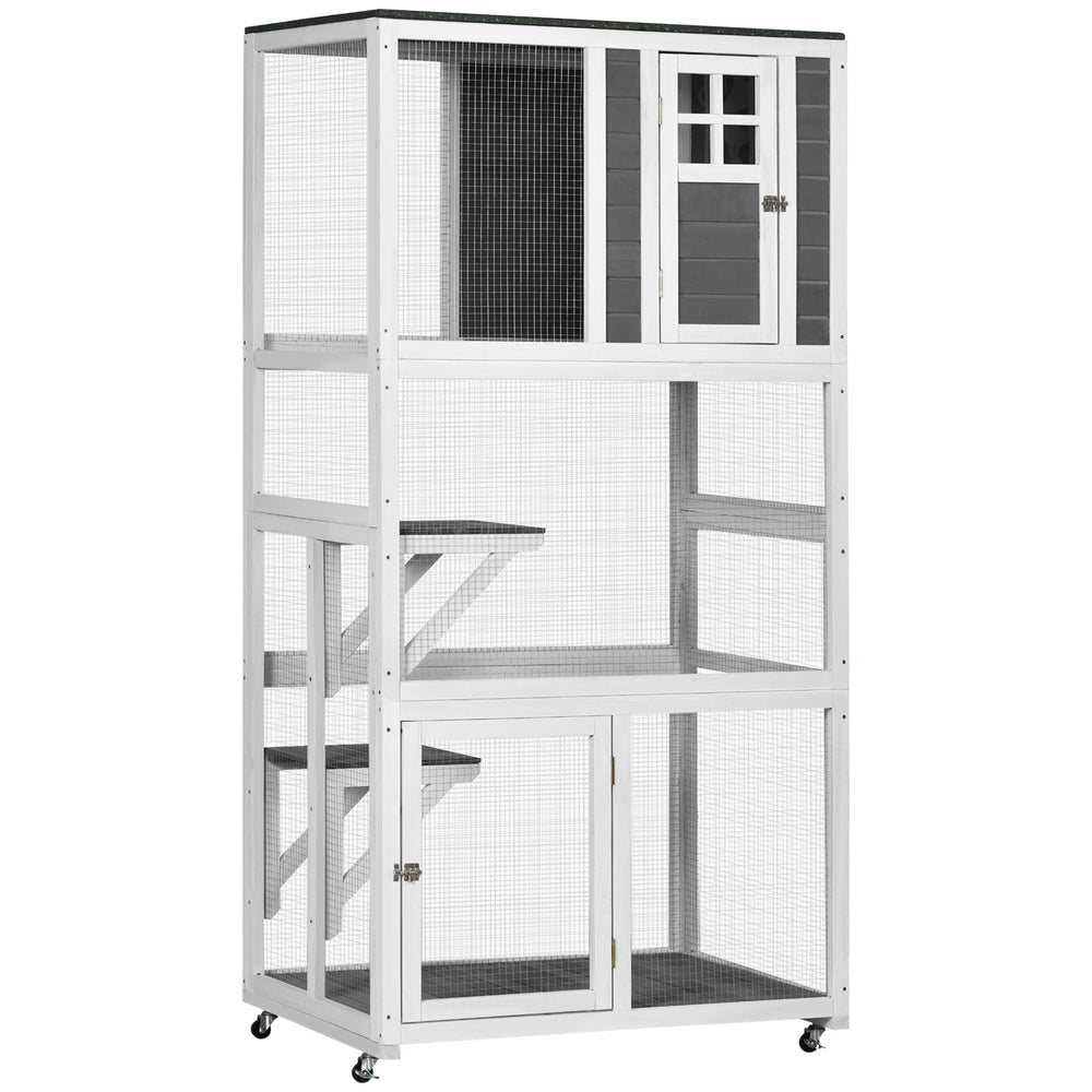 Wooden cat enclosure, weather-resistant and equipped with wheels, white