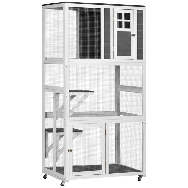 Wooden cat enclosure, weather-resistant and equipped with wheels, white