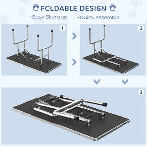 Foldable grooming table with height-adjustable grooming arm and storage shelf, black