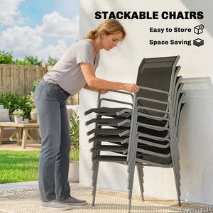 7-piece garden dining set, including a rectangular table and 6 stackable chairs.