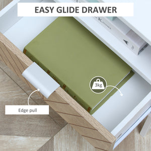 Modern bedside table with drawer and storage shelf, white and oak