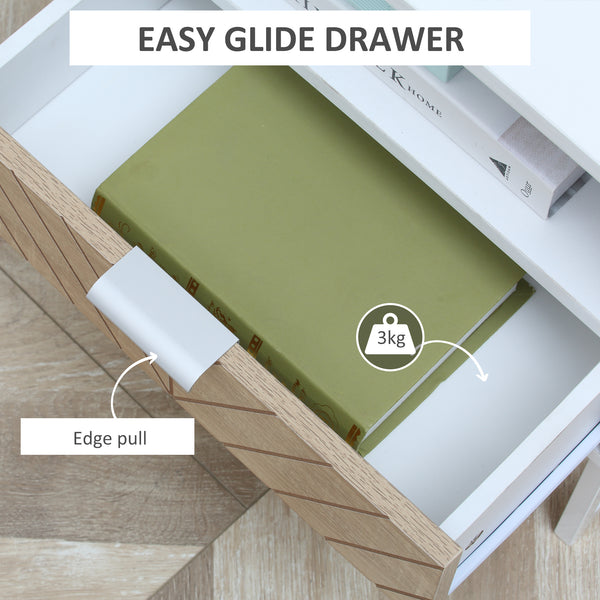 Modern bedside table with drawer and storage shelf, white and oak