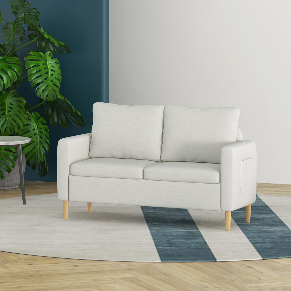 Modern upholstered two seater sofa with side pockets, white