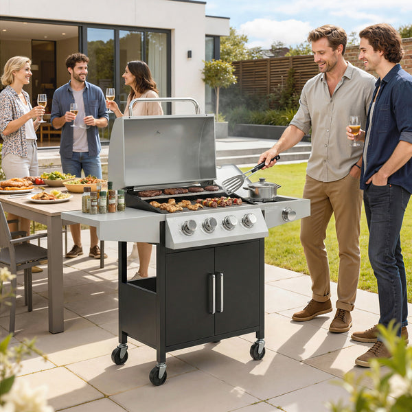4+1 burner propane gas barbecue with side burner, warming rack and side shelf.