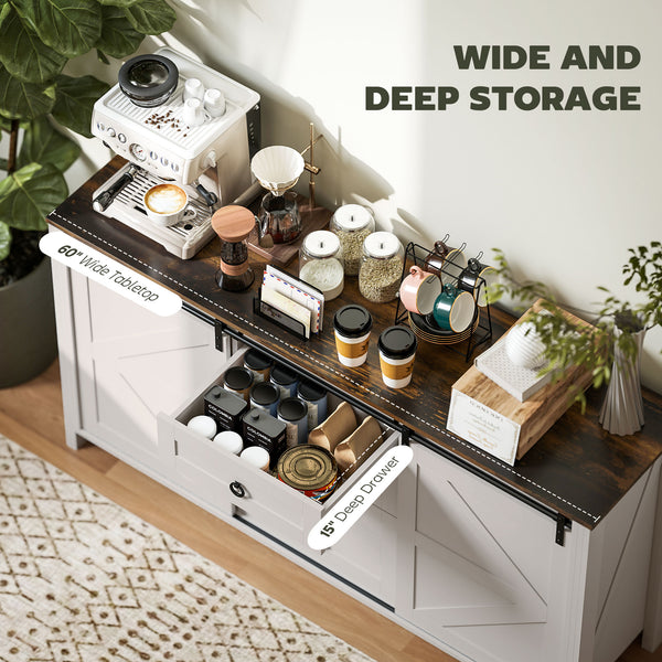 Buffet with barn-style sliding doors, drawers and adjustable shelves, cream white