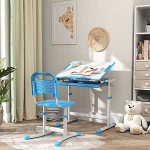 Height Adjustable Study Table and Chair Set with Drawer, Blue