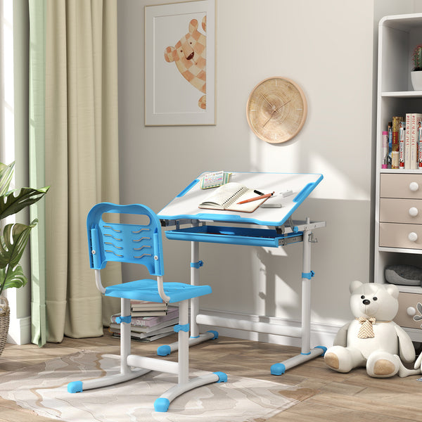 Height Adjustable Study Table and Chair Set with Drawer, Blue