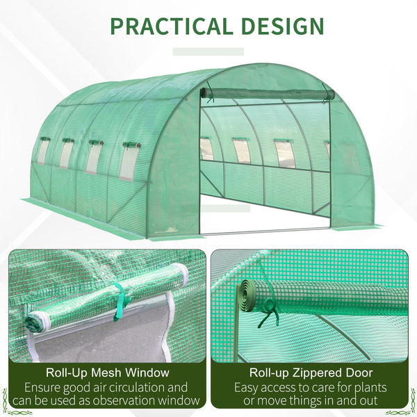 Tunnel greenhouse with roll-up zippered door, 8 mesh windows, green