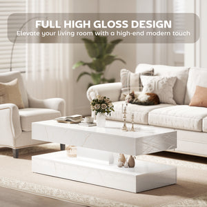 Coffee table with adjustable LED lighting, 2 drawers, open shelf, remote control, glossy white marble-effect lacquered finish