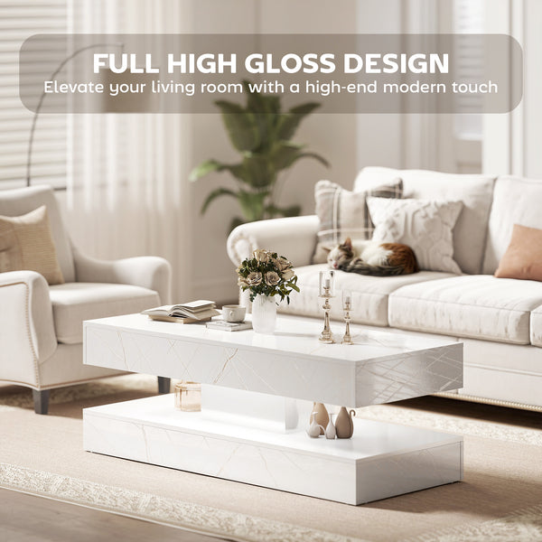 Coffee table with adjustable LED lighting, 2 drawers, open shelf, remote control, glossy white marble-effect lacquered finish