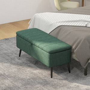 Linen Upholstered Storage Pouf with Steel Legs, Dark Green