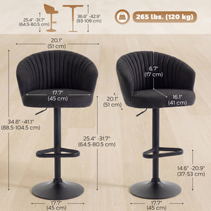 Set of 2 adjustable, padded bar stools with swivel seats, steel frame, footrest, black
