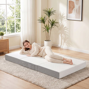 6-inch 3-Section Folding Twin Mattress with Cooling Gel Memory Foam – White and Gray