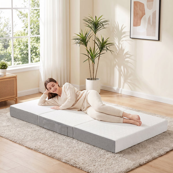 6-inch 3-Section Folding Twin Mattress with Cooling Gel Memory Foam – White and Gray